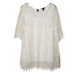 Crochet Open Knit Top Blouse XL Short Sleeve 2pc White Boho Fairy Feminine